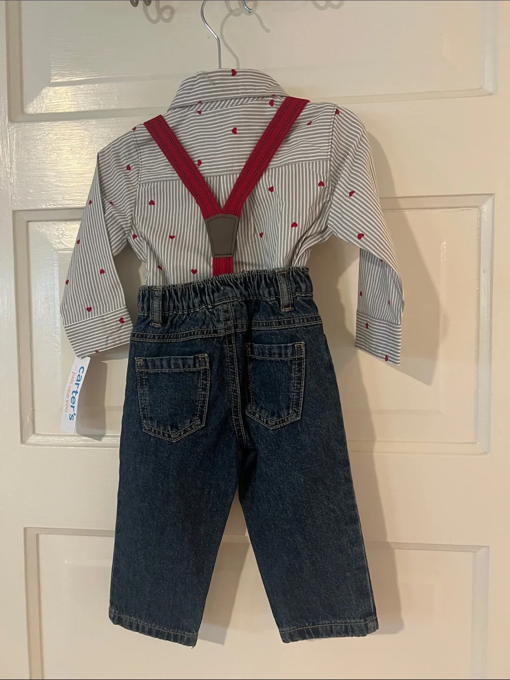 Carter's Striped Button Shirt with Red Suspenders & Dark Blue Jeans